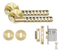 Golden Grace Knurled Hex Cut T-Bar Lock Door Handle Set 3 Lever Lock Set Satin Brass Finish