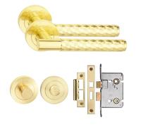 Golden Grace Knurled T-Bar Bathroom Door Handle Set, Satin Brass Bathroom
