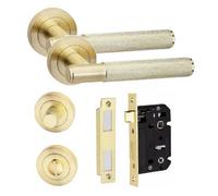 Golden Grace Knurled T-Bar Bathroom Door Handle Set Thumbturn And Mortise Lock Satin Brass