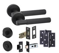 Golden Grace Knurled T-Bar Bathroom Internal Door Handle Set Thumbturn And Dead Bolt Bb Hinges Matt Black