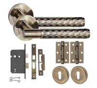 Golden Grace Knurled T-Bar Door Handle Lock Set, Antique Brass