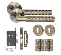 Golden Grace Knurled T-Bar Door Handle Lock Set, Antique Brass