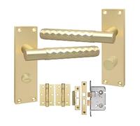 Golden Grace Knurled Victorian Bathroom Door Handles, Satin Brass 150mm | Includes mortise lock, ball bearing hinges, spindle, and screws. Solid zinc alloy build with 120mm x 40mm backplates.