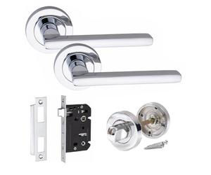 Golden Grace Leon Bathroom Door Handles Set, Polished Chrome | Includes thumbturn, mortise lock, and handles with a rose base; metal construction protects against bathroom humidity.