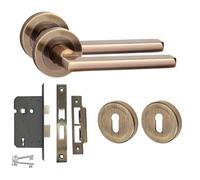Golden Grace Leon Design 3 Lever Lock Door Handle Set, Key Lock Set | Includes spindle and screws for setup; antique brass finish on a 52mm round rose offers an elegant, modern home upgrade