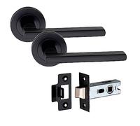 Golden Grace Leon Design Door Handles on Round Rose in Matt Black Finish with 2.5" Tubular Latch, 1 Pair - 52mm Diameter