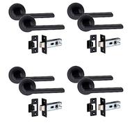 Golden Grace Leon Design Door Handles on Round Rose in Matt Black Finish with 2.5" Tubular Latch, 4 Pairs - 52mm Diameter