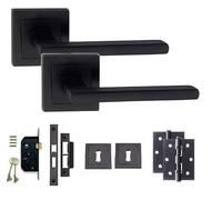 Golden Grace Leon Door Handle Key Lock Set with Hinges, Matt Black | Includes screws, spindles, keyhole escutcheons, and a 64mm 3-lever mortise lock for robust metal security.