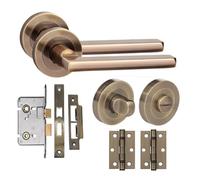 Golden Grace Leon Door Handle Set with Thumbturn & Mortise Lock | Antique brass finish on a stylish 52mm diameter round rose; includes fixing spindle and screws for rapid home installation.