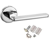 Golden Grace Leon Door Handles Complete Latch Set, Polished Chrome | Supplied with 3-inch hinges, 2.5-inch tubular latch, screws, and spindles for a sleek 52mm round rose metal handle.
