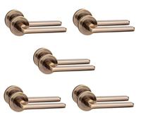 Golden Grace Leon Door Handles on Rose Metal, Antique Brass, 5 Pairs | Includes spindle and screws for quick installation, fitting bathroom and key lock sets with a 52mm diameter base.
