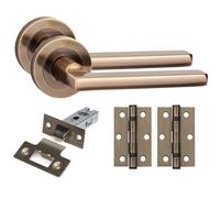 Golden Grace Leon Door Handles with Latch & Hinges, Antique Brass, 1 Set | Includes spindle and screws for quick installation, with a sleek metal build on a 52mm diameter stylish round rose.