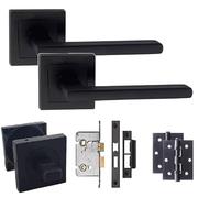 Golden Grace Leon Straight Bathroom Door Handle Set, Matt Black | Includes 3-inch ball bearing hinges, 64mm mortise lock, spindles and matching screws for quick, seamless installation.