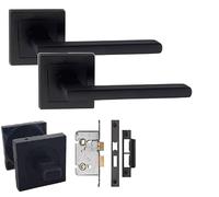 Golden Grace Leon Straight Bathroom Door Handles, Matt Black WC Set | Includes a 64mm mortise lock, thumbturn, spindles, and fixing screws for a complete, hassle-free metal installation.