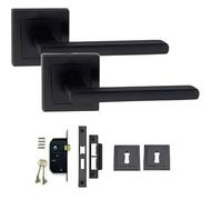 Golden Grace Leon Straight Door Handles, Matt Black Key Lock Set | Complete pack includes spindles, screws, 64mm 3-lever mortise lock, and keyhole escutcheons for square rose installation.
