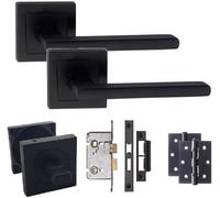 Golden Grace Leon Straight Internal Door Handle Matt Black Finish Bathroom Wc Toilet Door Handle Set With 3" Ball Bearing Hinges 64mm Lock