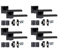 Golden Grace Matt Black Door Handle On Square Rose Zeta Design Lever Latch Handle Sets w Tubular Latch and Pair of 3" Ball Bearing Hinges Matte Black/Bathroom Set/Key Lock Set (4 Sets)