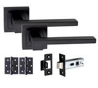 Golden Grace Matt Black Door Handle On Square Rose Zeta Design Lever Latch Handle Sets w Tubular Latch and Pair of 3" Ball Bearing Hinges Matte Black/Bathroom Set/Key Lock Set (1 Set)