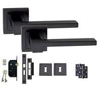 Golden Grace Matt Black Door Handle On Square Rose Zeta Design Lever Latch Handle Sets w Tubular Latch and Pair of 3" Ball Bearing Hinges Matte Black/Bathroom Set/Key Lock Set (Key Lock Set)