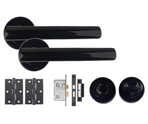 Golden Grace Metalic Black T-Bar Door Handle on Rose with Hinges Bathroom Set with Matching Thumb Turn Matt Black Hinges and Bathoom Mortise Lock Set (Bathroom Set)