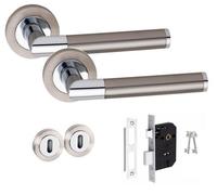 Golden Grace Mitred Design Door Handle Dual Finish Satin Nickel/polished Chrome, 64mm 3-Lever Lock On Round Rose