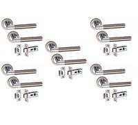 Golden Grace Mitred Design Door Handles on Round Rose in Satin Nickel Polished Chrome Finish with 2.5" Tubular Latch, 5 Pairs - 52mm Diameter