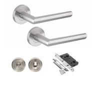 Golden Grace Mitred Door Handle 64mm Lock Set, Satin Nickel Finish | Includes matching WC thumbturn, spindles and screws for quick installation, using durable metal to withstand daily wear.