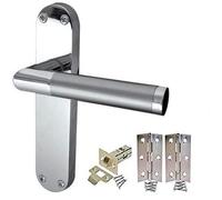 Golden Grace Mitred Door Handle Set, Satin Chrome/Polished Chrome | Includes a 64mm tubular latch, 3-inch butt hinges, and spindle; larger 182mm x 45mm backplate covers old handle marks.