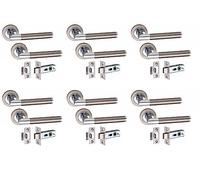 Golden Grace Mitred Door Handles, Duo Finish Satin Nickel Polished Chrome | Includes 6 pairs of handles on a 52mm round rose, plus 2.5" tubular latches and matching screws for a complete installation.