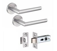 Golden Grace Mitred Door Handles on Round Rose with Latch, Satin Nickel