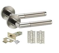 Golden Grace Mitred Lever Door Handle Latch Pack, Duo Chrome Finish, 1 Set | Includes 75mm ball bearing hinges, spindle, woodscrews and allen key; screw-on outer rose conceals fixings for a tidy look.