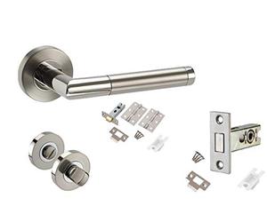 Golden Grace Mitred Style Modern Bathroom Door Handles on Round Rose in Dual Finish with 64mm Dead Bolt