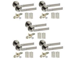 Golden Grace Mitred Style Modern Chrome Door Handles on Rose with Duo Finish Door Lever Latch Pack with Ball Bearing Hinges and 64mm Tubular Latch or Bathroom Set or Lock Set (5 Sets)