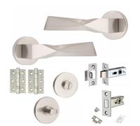 Golden Grace Modern Aura Premium Design Bathroom Door Handles in Satin Nickel Finish with Latch, Dead Bolt & Ball Bearing Hinges