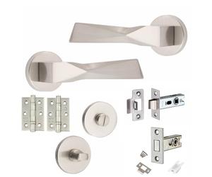 Golden Grace Modern Aura Premium Design Bathroom Door Handles in Satin Nickel Finish with Latch, Dead Bolt & Ball Bearing Hinges