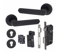 Golden Grace Modern Lima Euro Lock Door Handles in Matt Black Finish with 70mm Key, Thumbturn Barrell & Ball Bearing Hinges