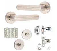 Golden Grace Modern Lima Knurled Design Premium Bathroom Door Handles in Satin Nickel Finish with Latch, Dead Bolt & Ball Bearing Hinges