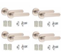Golden Grace Modern Lima Knurled Design Premium Door Handles on Round Rose in Satin Nickel Finish with 2.5" Latch & 1 Pair of Ball Bearing Hinges - 4 Sets
