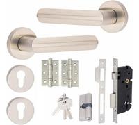 Golden Grace Modern Lima Satin Nickel Euro 70mm Keytokey Barrel Lock Internal Door Handle + Hinge Set