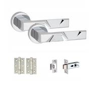 Golden Grace Modern Nova Design Premium Door Handles on Round Rose in Polished Chrome Finish with 2.5" Latch & 1 Pair of Ball Bearing Hinges - 1 Set