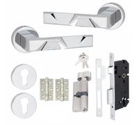 Golden Grace Modern Nova Euro Lock Door Handles, Thumbturn Lock Set | Polished chrome finish on metal handles. Includes 9-inch lock body, 3-inch ball bearing hinges, and keyhole escutcheon.