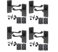 Golden Grace Premium Victorian Scroll Door Handles Latch in Matt Black Finish with Black Ball Bearing Hinges & Latch Pack, 4 Sets - 120mm x 40mm Backplate