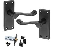 Golden Grace Premium Victorian Scroll Latch Door Handles with Latch Pack Set in Matt Black Finish, 1 Pack - 120mm x 40mm Backplate