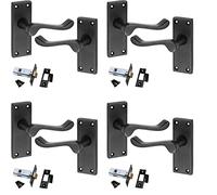 Golden Grace Premium Victorian Scroll Latch Door Handles with Latch Pack Set in Matt Black Finish, 4 Pack - 120mm x 40mm Backplate