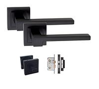 Golden Grace Rose Zeta Design Door Handles Lever Latch on Square Backplate in Matt Black Finish, Bathroom Pack