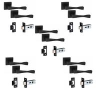 Golden Grace Straight Astrid Premium Design Door Handles on Square Rose in Matt Black Finish with 2.5" Latch & 1 Pair of Ball Bearing Hinges - 5 Sets
