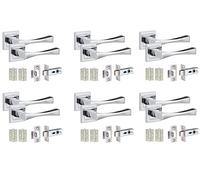 Golden Grace Straight Astrid Premium Design Door Handles on Square Rose in Polished Chrome Finish with 2.5" Latch & 1 Pair of Ball Bearing Hinges - 6 Pairs