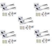 Golden Grace Straight Astrid Premium Design Door Handles on Square Rose in Polished Chrome Finish with 2.5" Latch & 1 Pair of Ball Bearing Hinges - 5 Pairs