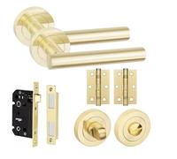 Golden Grace Straight T-Bar Bathroom Door Handle Set, Bathroom Set | Complete with 3 inch ball bearing hinges, a matching thumbturn and a 64mm bathroom mortise lock on a rose base.
