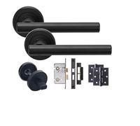 Golden Grace Straight T-Bar Bathroom Door Handles on Round Rose in Matte Black Finish, Complete with 1 Pair of Ball Bearing Hinges, Mortise Lock & Matching Thumbturn - 1 Set